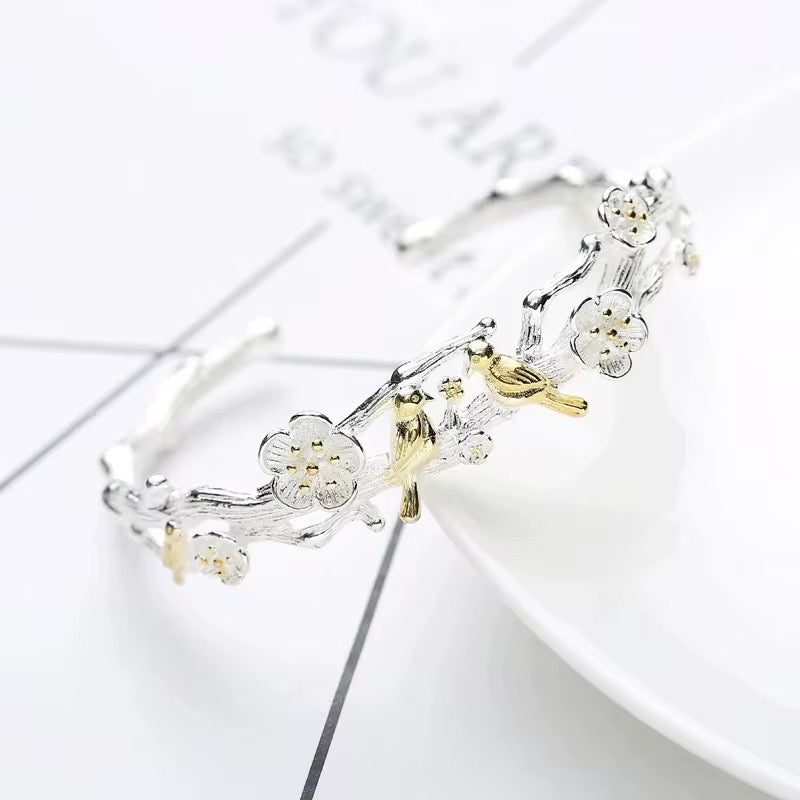 Blossom & Birds Open Cuff Bracelet | Silver Branch Design
