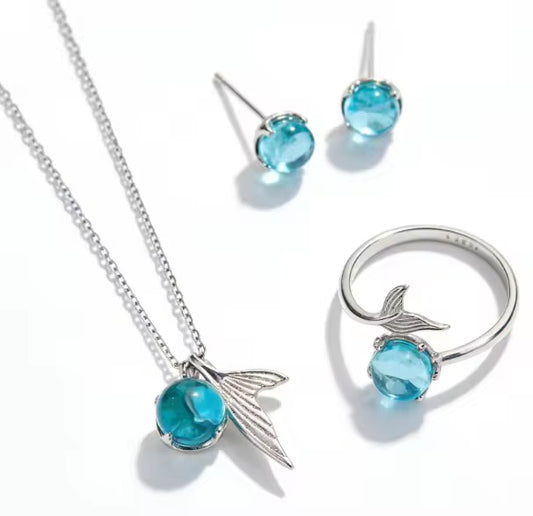 Ocean Whisper Blue Crystal Jewelry Set – Necklace, Earrings & Ring
