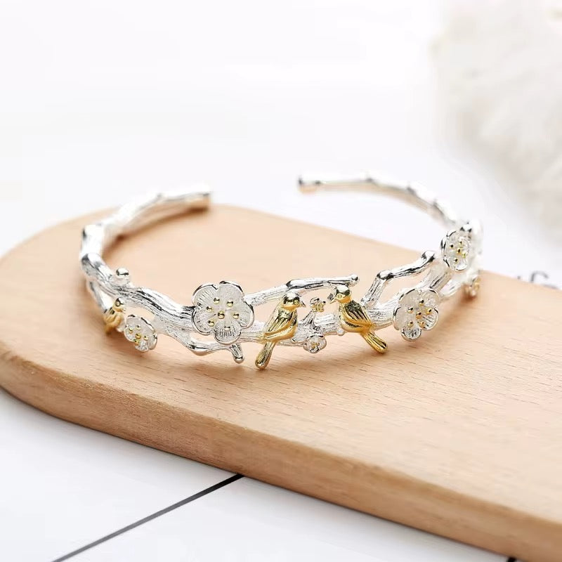 Blossom & Birds Open Cuff Bracelet | Silver Branch Design