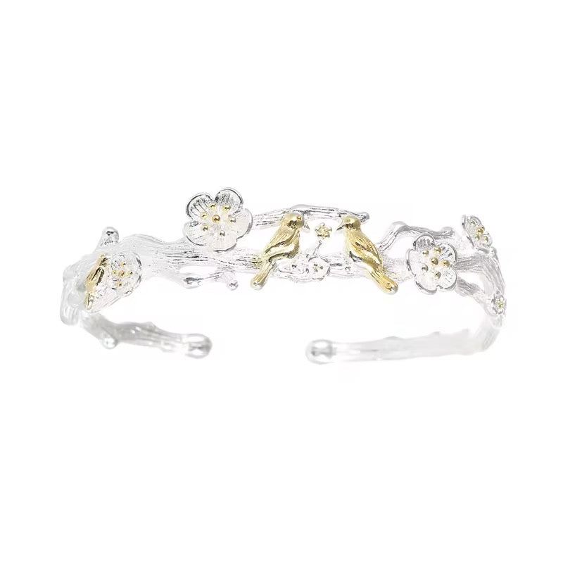 Blossom & Birds Open Cuff Bracelet | Silver Branch Design