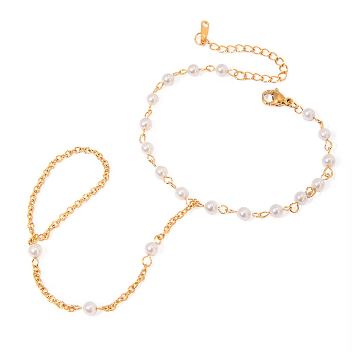 Gold Pearl Hand Chain Bracelet – Waterproof Stainless Steel