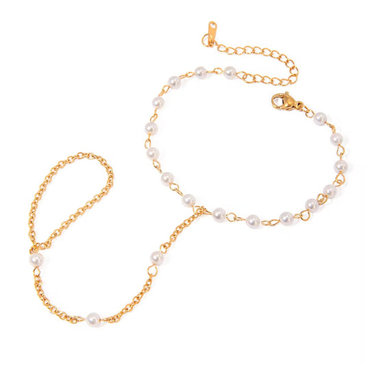 Gold Pearl Hand Chain Bracelet – Waterproof Stainless Steel