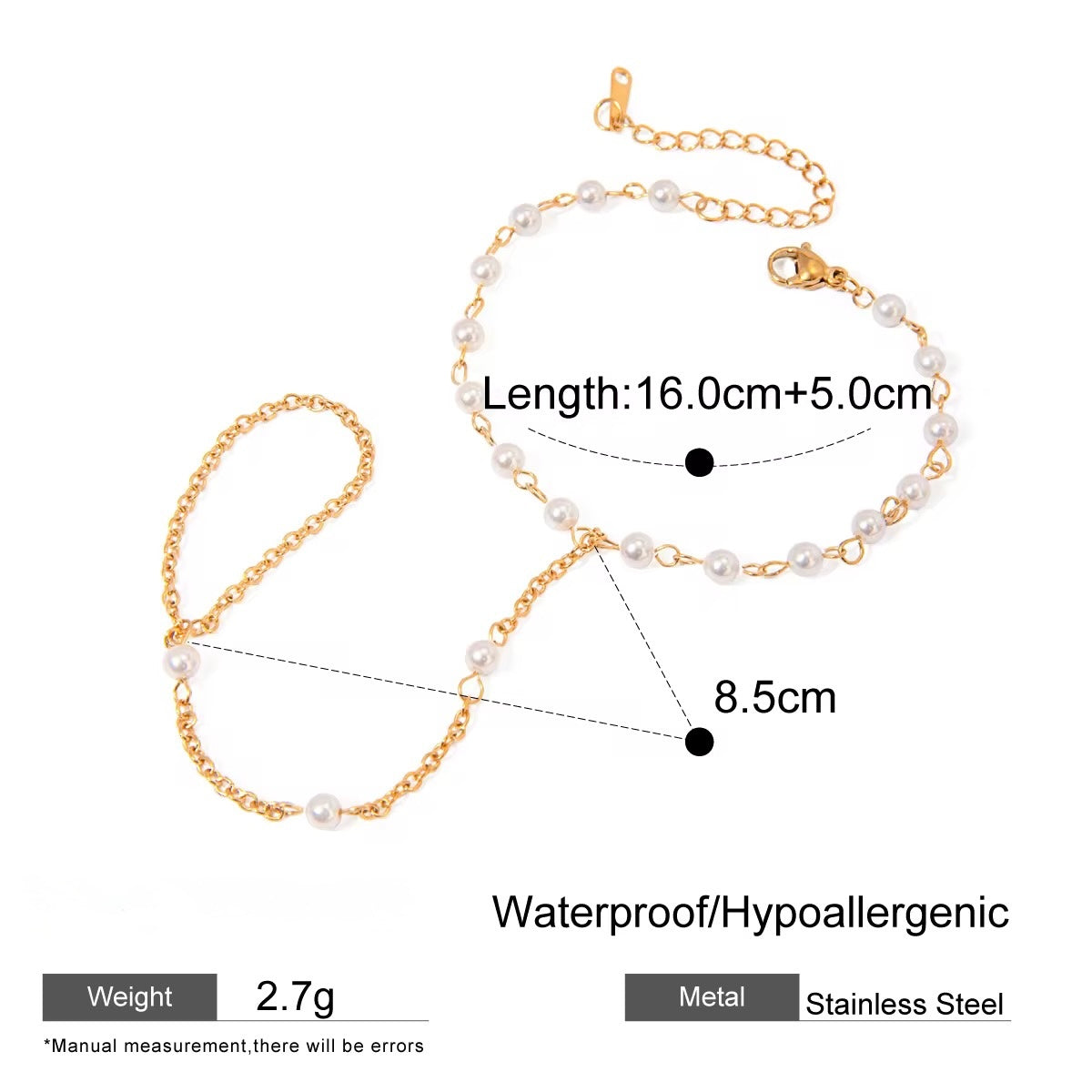 Gold Pearl Hand Chain Bracelet – Waterproof Stainless Steel